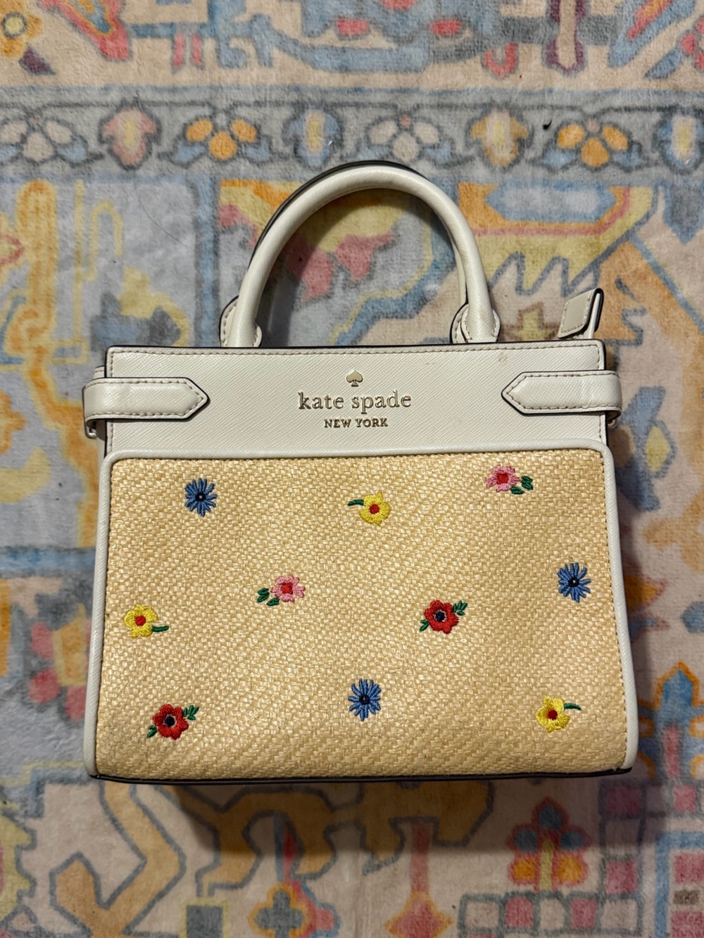 kate spade cream & straw floral embroidered satchel